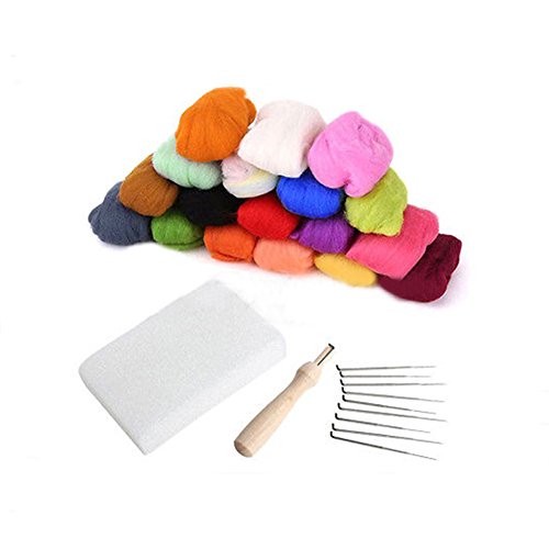 Soft Wool Felt + Felting Needle Tools Set Mat Starter Kit DIY Craft, Set of 25/16 Colors (16 Colors)