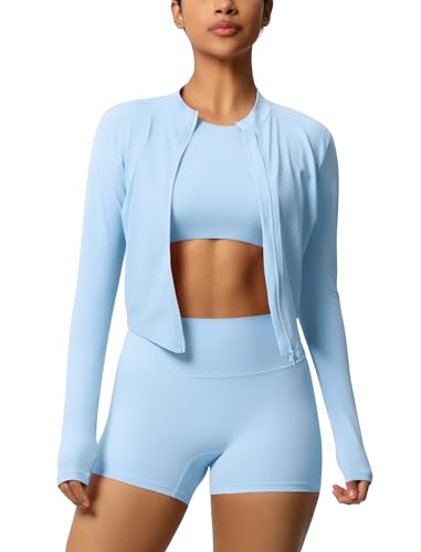 IDOPIP Ensemble de sport pour femme 3 pièces avec veste de sport : veste de course + legging court + débardeur à manches courtes avec soutien-gorge – Vêtements de sport pour le sport, le fitness, le