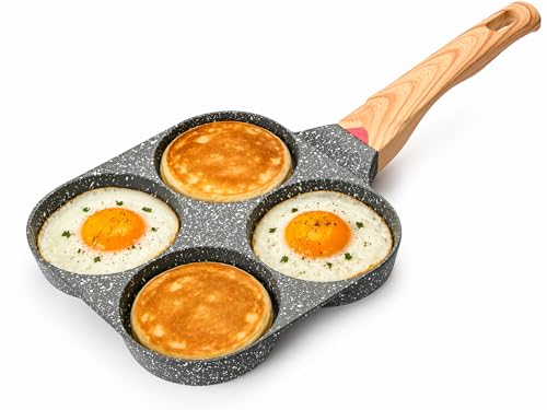 SKY-TOUCH 4 Cup Egg Pan, Non-Stick Frukost Pan, 4 Hole Round Fry Pan, Common for IBreakfast, Sandwich, Hamburger, Pancake, Granite Skillet Omelette Pan, 19x35cm, Black