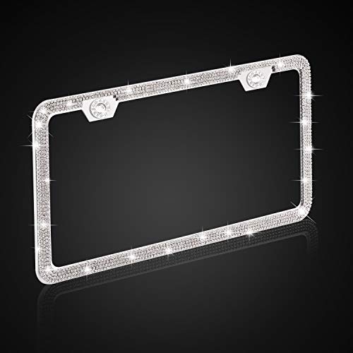 Delixike Bling Rhinestone Thin Border White License Plate Frame for Women Men, Luxury Handmade Waterproof Stainless Steel Licence Plate Frames for Front Back License - Thumbnail 2