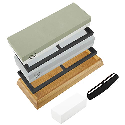 HighFree Premium Knife Sharpening Stone Set 400/1000 2000/5000 Knife Sharpener Waterstone with Non-Slip Bamboo Base Flattening Stone and Angle Guide