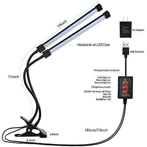 DZLight Dual Head Clip on Light, Dimmable LED Desk Light , 3 Lighting