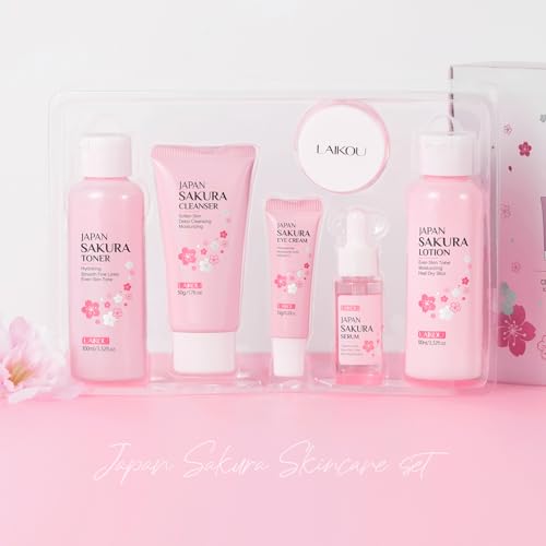 LAIKOU Sakura Skincare Set - 6 PCS Hydrating and Revitalizing Skincare Gift Set for Women, Teens, Moms & Daughters - Deep Cleansing, Anti-Aging, Nourishing, Even Skin Tone Treatment