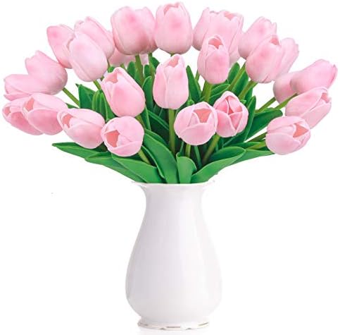 BOMAROLAN Artificial Tulip Fake Holland Mini Tulip Real Touch Flowers 24 Pcs for Wedding Decor DIY Home Party (True Love Pink)
