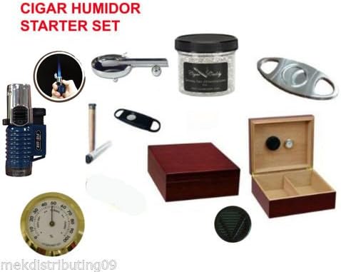 50 ct. Cherry Wood Humidor Starter Gift Set Cutter Lighter Ashtray Gel