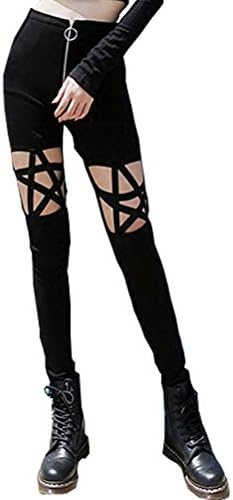 SuperCimi Punk Gothic Women Pants Leggings Hollow Out Five-Pointed Star Pentagram Female Pencil Pants