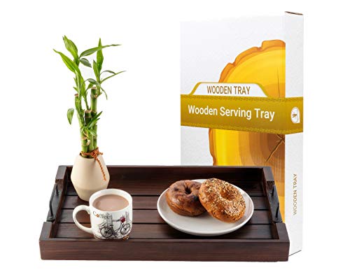 20-inch wooden table tray, Rustic tray, Ottoman tray with strong black metal handles, breakfast tray, coffee/tea/dinner serving tray, food serving trays, tea serving tray