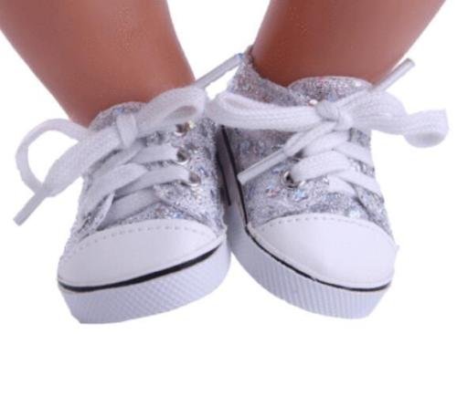 EatingBitingï¼ˆRï¼‰Dolls Lace Up Shoes Silver Laces Up Sequins Sneaker Boot Shoe for 18 '' American Girl Doll Costume , Cute Holidays Birthday Gifts For Kids Children