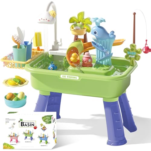 Sand and Water Table for Toddlers 1-3 - 22 Pcs Outdoor Water Play with Automatic Pump, Fishing & Kitchen Sink, 4L Large Capacity Sensory Bin, Summer Outdoor Toys for Kids Ages 1-3, Spring Green