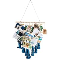 TOUCH MISS Macrame Photo Display Blue Pictures Organizer Macrame Wall Hanging Boho Home Decor, with 20 Wood Clips