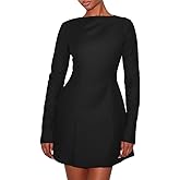 HYZ Women's Sexy Round Neck Long Sleeve Slim Fit A Line Wedding Guest Party Mini Dress