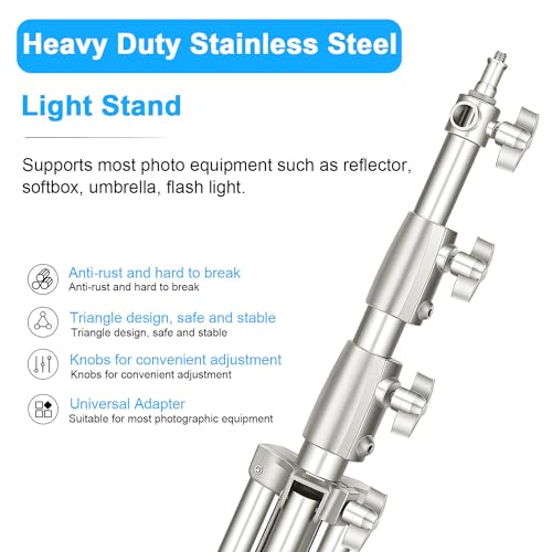 Gluckluz Stainless Steel Light Stand 280cm Heavy Duty Photo Studio Light Stand Height Adjustable Lighting Tripod Holder with 1/4" to 3/8" Universal Adapter for Home Photography Studio Softbox (Silver)