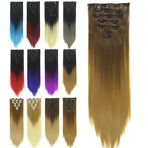 IMISSU 24 Inch 7PCS Set Long Straight Clip in Hair Extensions Ombre Color Full Head Hair Extension Hairpiece for Women 120g (Ombre Light Copper)