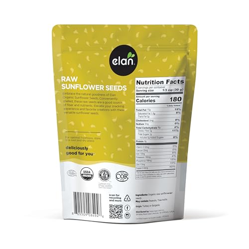 ELAN ORGANIC RAW SUNFLOWER SEEDS, 7.1 OZ, UNSALTED KERNELS, SHELLED SEEDS, NO SHELL, NON-GMO, VEGAN, GLUTEN-FREE, KOSHER, ALL NATURAL SNACKS & TOPPINGS