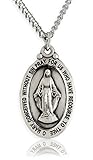 Men's Oval Sterling Silver Miraculous Medal + 24 Inch Stainless Steel Chain with Clasp
