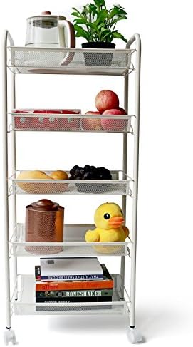 EXILOT 5-Tier Mesh Wire Rolling Cart Multifunction Utility Cart Kitchen Storage Cart on Wheels, Steel Wire Basket Shelving Bathroom Trolley,Easy moving,white