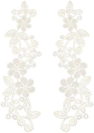 1Pair Embroidered Lace Applique Floral Wedding Lace Fabric Motif Patches - White, L30cm/L11.81inch