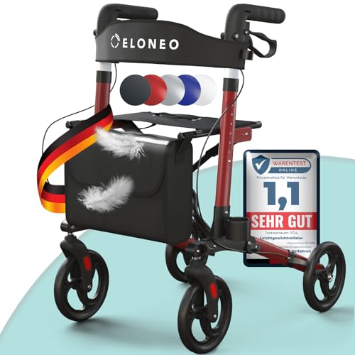 ELONEO Rollator faltbar und leicht mit Sitz, Leichtgewicht-Reiserollator aus Aluminium, Gehhilfe 8-fach höhenverstellbar, Laufhilfe 3-fach faltbar für