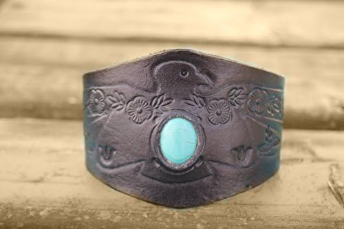 Adjustable Women's Black Leather Cuff Bracelet, Southwestern, Western, Boho, Thunderbird and Turquoise Colored Stone Women's to Plus Size Jewelry