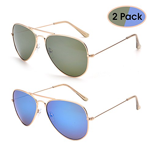 JM Retro Mirror Aviator Sunglasses Flash Tinted Lens Eyeglasses for Women Men UV400 2 Pack (Green & Blue)
