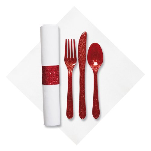 Hoffmaster 119998 FashnPoint Pre-rolled Dinner Napkin and Heavyweight Red Glitz Cutlery, Bagged, 15-1/2