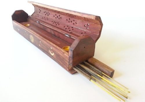 Coffin Box Sun, Moon & Stars Incense Burner for Sticks & Cones, Wood, 12" Hand Carved From India. by Wooden Handicrafts