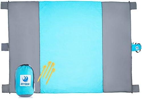 Rybix Large Beach Picnic and Camping Blanket: Parachute Nylon Water Resistant Sand Proof Mat Throw Blankets with Compression Travel Pouch and Anchor Stakes