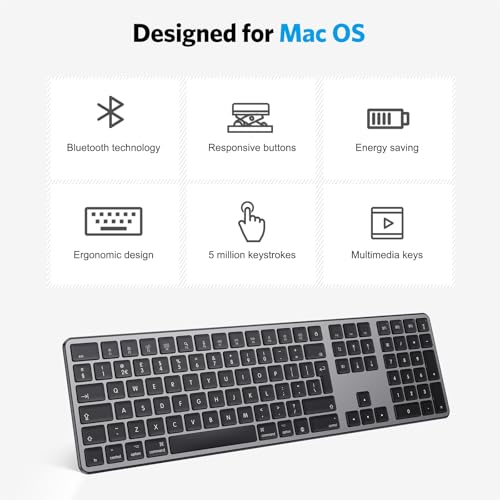 OMOTON Wireless Bluetooth Keyboard for Mac (MacBook/MacBook Pro/MacBook Air/iMac/iMac Pro/Mac Mini), Rechargeable Keyboard for Mac OS, with 3 Bluetooth channels, Quiet Typing, QWERTY UK Layout, grey