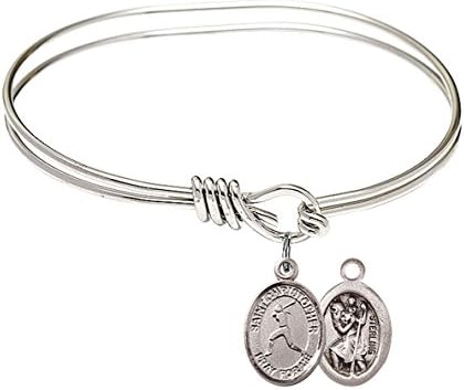 St. Christopher Softball Charm On A Child Sized 5 3/4 Inch Oval Eye Hook Bangle Bracelet