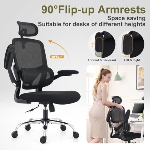 TONFARY Ergonomic Home Office Chair, High Back Mesh Desk Chair with Adjustable Lumbar Support, Flip-up Armrest, Removable Headrest, Swivel Computer Gaming Chair, Space Saving, 150KG (Black)
