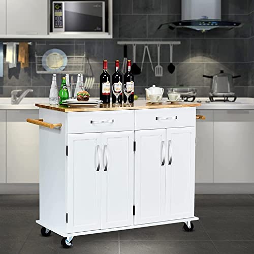 QCen Kitchen Island on Wheels with Large Storage and Drawers