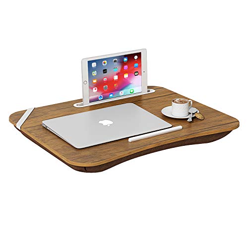 HOME BI Portable Lap Desk Laptop Table Tray Bed Table with Handle, Phone Holder, Built-in Laptop Stop Bar, Pillow Foam Cushion,18.5L x 14.96W x 2.17H Inch, Brown