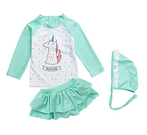 UV Sun Protective Baby Girls 2pc Swimsuit Long Sleeve Rash Guards Bathing Suit Ruffle Swimdress UPF 50+ Green 2-3T