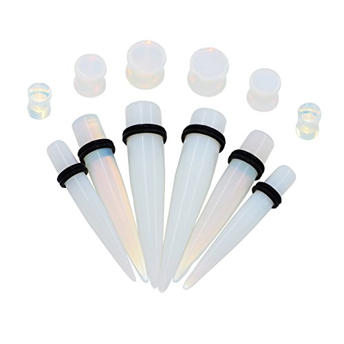D&M Jewelry 6 Pairs 2G-00G(6-10mm) Opalite Stone Ear Tapers Stretching Kit + Saddle Ear Plugs Set