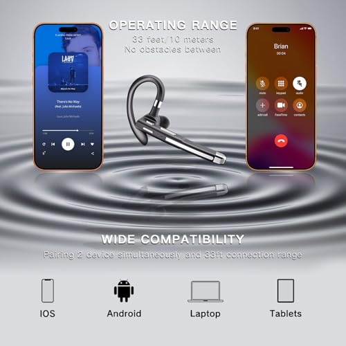 Bluetooth Headset V6.1, Wireless Bluetooth Earpiece with 500mAh Charging Case 100 Hours Talking Time, CVC8.0 Noise Cancelling Single-Ear Earphone, Hand-Free Headphones for Trucker, Office, Business