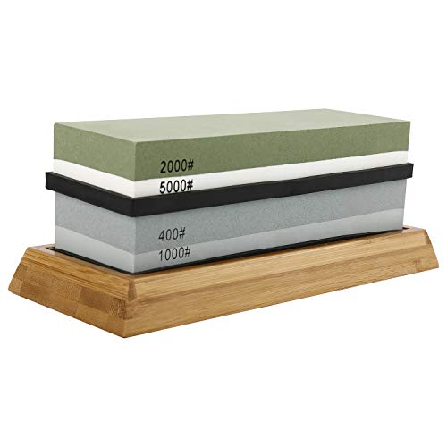 HighFree Premium Knife Sharpening Stone Set 400/1000 2000/5000 Knife Sharpener Waterstone with Non-Slip Bamboo Base Flattening Stone and Angle Guide