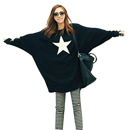 Women's Long Batwing Sleeve Loose Pullover Casual Top Blouse T-Shirt (XXL, Black)
