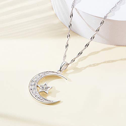 Gemschest Sterling Silver Crescent Moon Star Necklace Cubic Zirconia Jewelry for Teen & Women Ladies Dainty 18