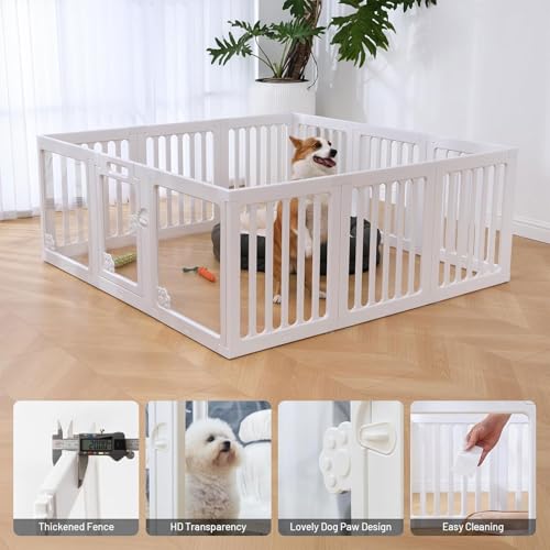 KAPEICamper Dog Playpen, Clear Acrylic Pet Puppy Enclosure Cat Rabbit Play Pen, Easy Assemble Foldable Crate Whelping Box for Medium Dogs with Gate (White, L, 12 Panels)