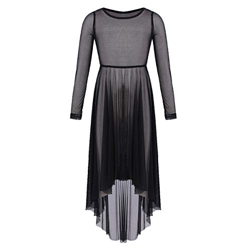 dPois Big Girls' Long Sleeve High-Low Hem Lyrical Praise Dance Mesh Dress Liturgical Dancewear Black 12