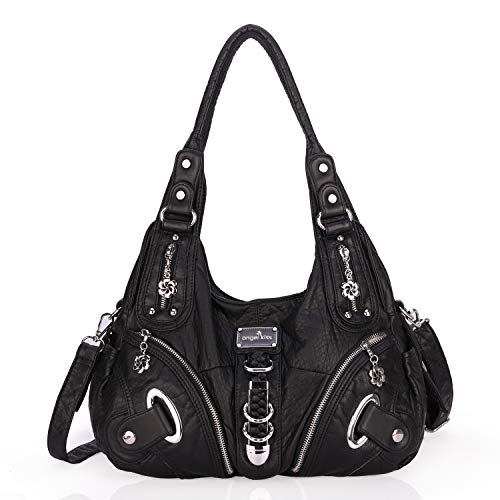 Angelkiss Women Multiple Pockets Purses and Handbags Washed Leather, Two Top Zippers Closure, Black - Thumbnail 7