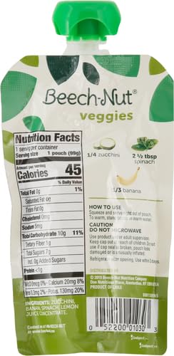 BEECH-NUT VEGGIES STAGE 2 BABY FOOD, ZUCCHINI SPINACH & BANANA, 3.5 OZ POUCH