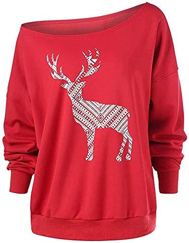 SSMENG Womens Christmas Slouchy Sweatshirt Plus Size Elk Floral Pattern Loose Fit Casual Oversized Off-Shoulder Tops