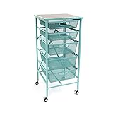 Origami Wheeled Folding Steel 5 Drawer Storage Kitchen Cart Wood Top, Turquoise