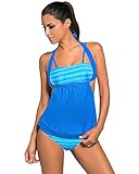 Huiyuzhi Womens Stripes Lined Up Double Up Tankini Two Pieces Top Sets Swimwear