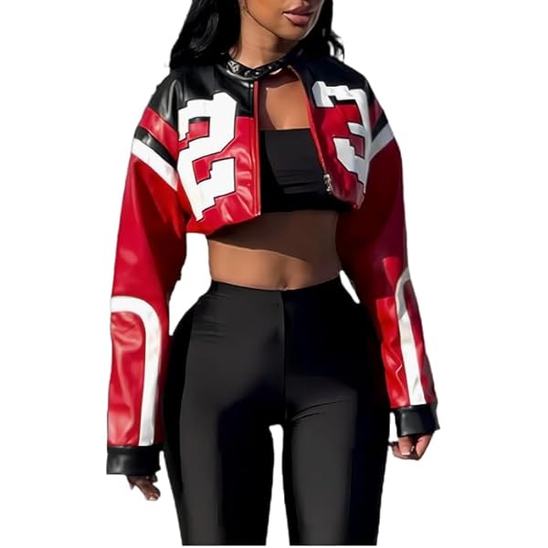 Mandonce Leather Jacket Women Zip up Cropped Jacket