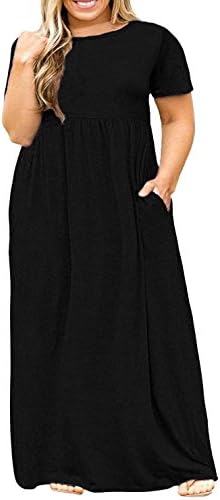 Delcoce Women Plus Dresses Black Empire Waisted Long Maxi Dresses with Pockets
