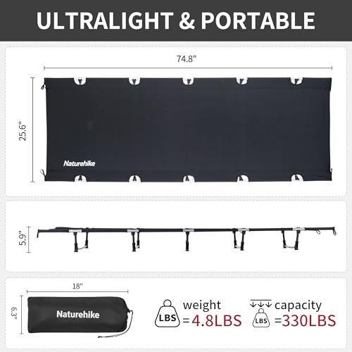 Naturehike Ultralight Folding Camping Cot Bed, Portable Compact Cot for Adults Camping, Hiking, Lightweight Backpackings, Heavy Duty Support 330 Lbs