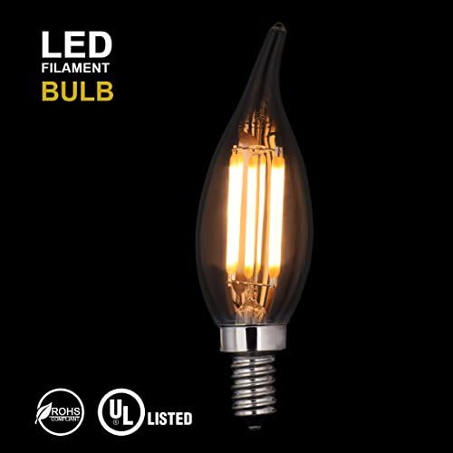 LINK Innovation UL-listed CA10 LED Filament Dimmable Bulb - Flame Tip-E12 6W-Warm White 2700K - 650 Lumens (Exact Equivalent to Standard 60W Incandescent Chandelier Bulb)