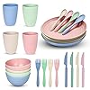 Surmounty Tableware Set 24 Pieces Camping Tableware Picnic Tableware Wheat Straw Dinner Service for 4 People Healthy Crockery Including Plates, Bowls, Cups, Forks, Spoons, Knives
